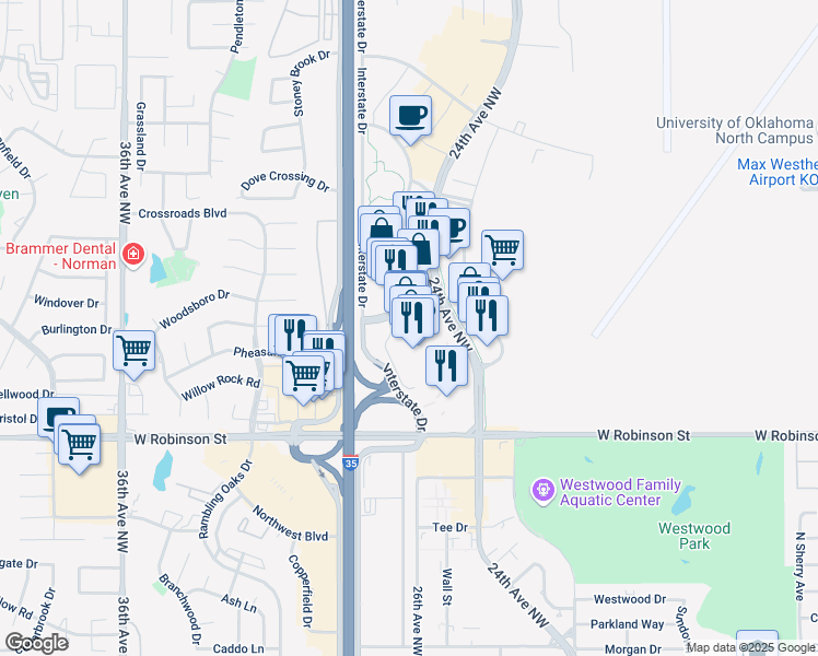 map of restaurants, bars, coffee shops, grocery stores, and more near 1400 24th Avenue Northwest in Norman