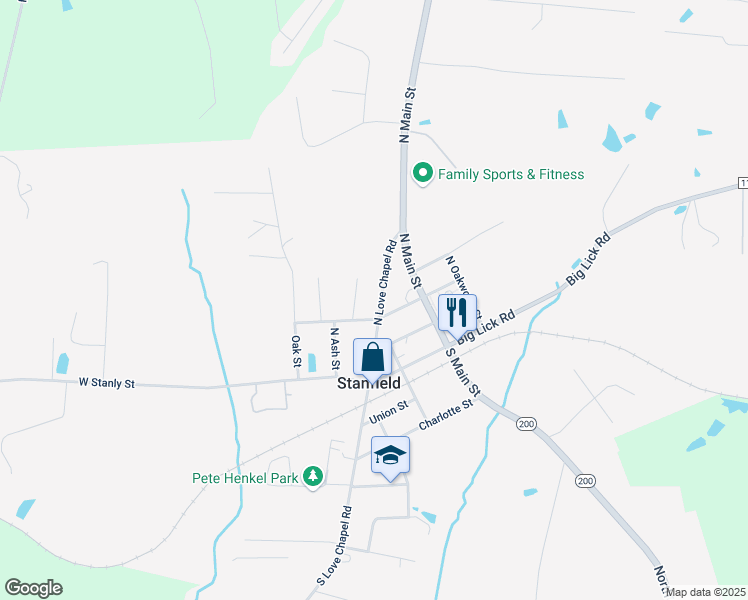 map of restaurants, bars, coffee shops, grocery stores, and more near 203 North Love Chapel Road in Stanfield