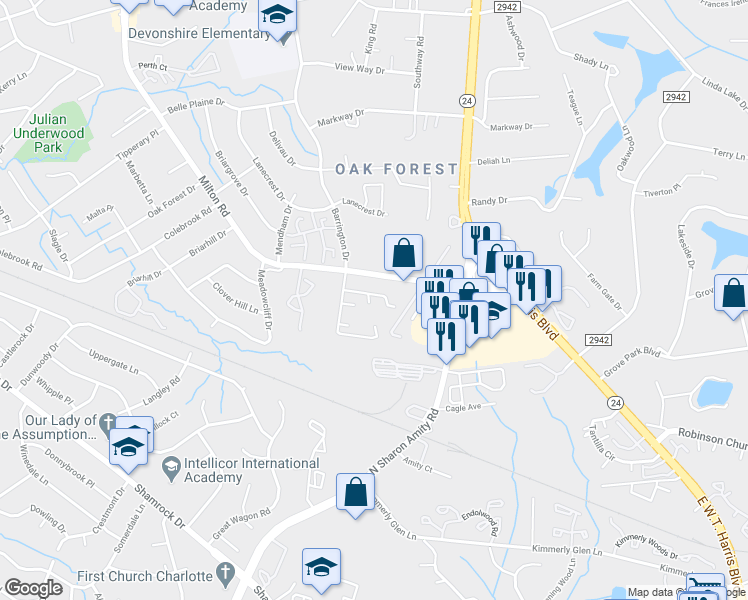 map of restaurants, bars, coffee shops, grocery stores, and more near 7123 Barrington Drive in Charlotte