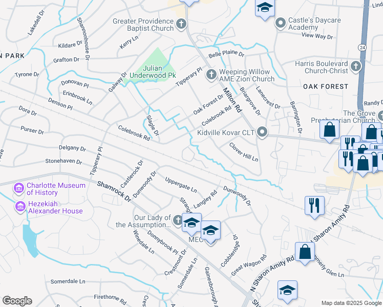 map of restaurants, bars, coffee shops, grocery stores, and more near 4050 Briarhill Drive in Charlotte