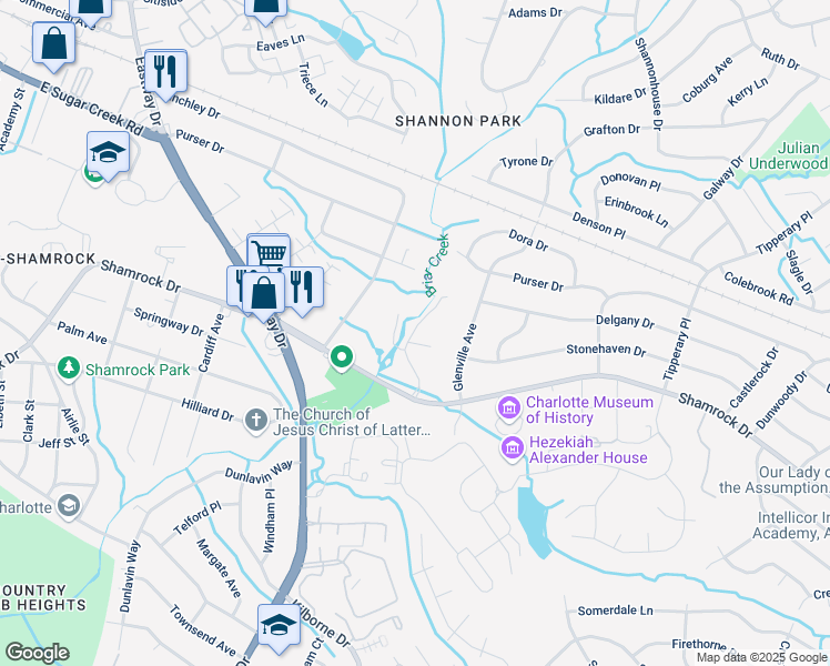 map of restaurants, bars, coffee shops, grocery stores, and more near 3249 Shamrock Drive in Charlotte
