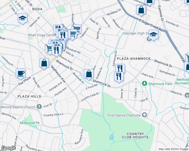 map of restaurants, bars, coffee shops, grocery stores, and more near 3125 Erskine Drive in Charlotte
