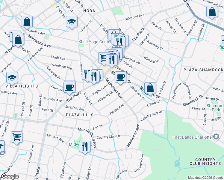 map of restaurants, bars, coffee shops, grocery stores, and more near 2902 Virginia Avenue in Charlotte