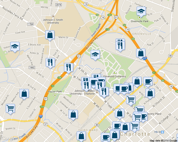 map of restaurants, bars, coffee shops, grocery stores, and more near 253 North Irwin Avenue in Charlotte
