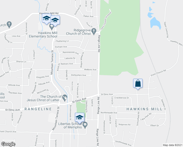 map of restaurants, bars, coffee shops, grocery stores, and more near 2624 Derbyshire Avenue in Memphis