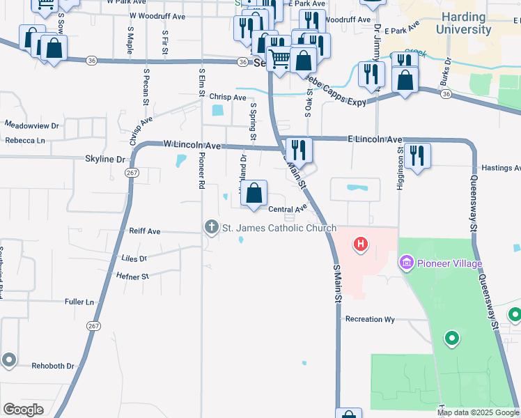 map of restaurants, bars, coffee shops, grocery stores, and more near 200 Central Avenue in Searcy