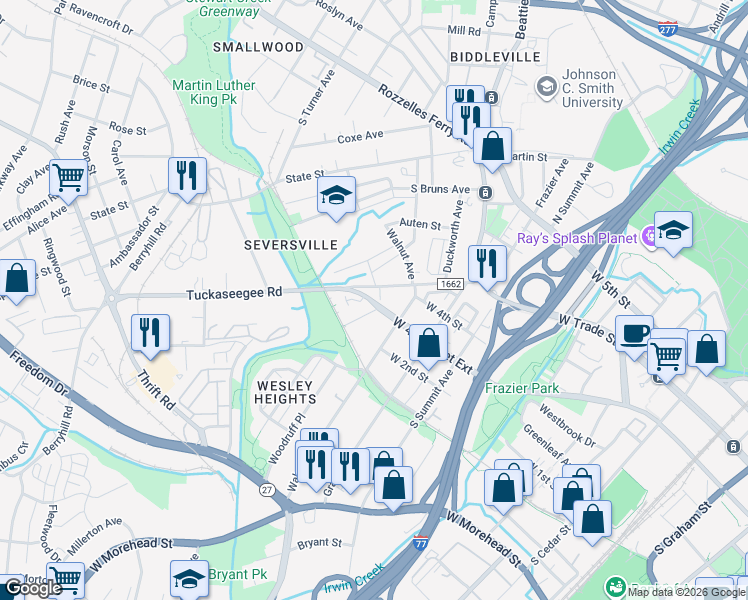 map of restaurants, bars, coffee shops, grocery stores, and more near 411 Wesley Heights Way in Charlotte