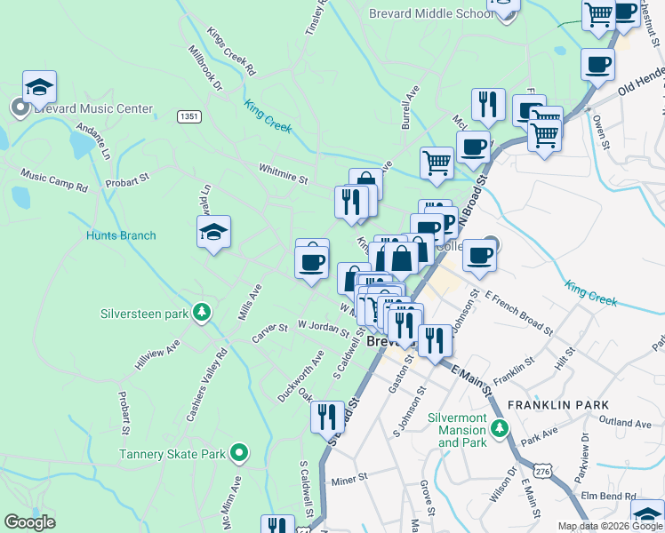 map of restaurants, bars, coffee shops, grocery stores, and more near 170 West Probart Street in Brevard