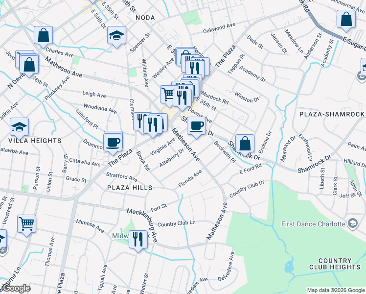 map of restaurants, bars, coffee shops, grocery stores, and more near 2902 Virginia Avenue in Charlotte
