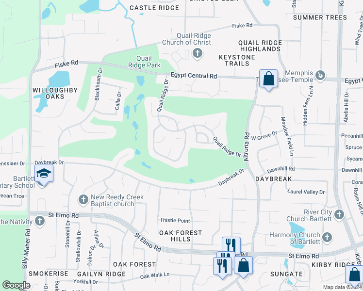 map of restaurants, bars, coffee shops, grocery stores, and more near 4055 Fairway View Circle East in Bartlett