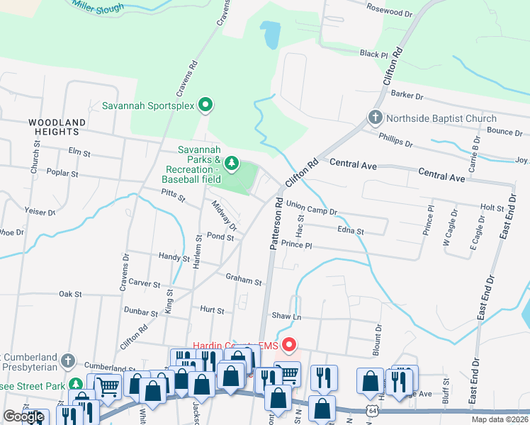 map of restaurants, bars, coffee shops, grocery stores, and more near 710 Clifton Road in Savannah