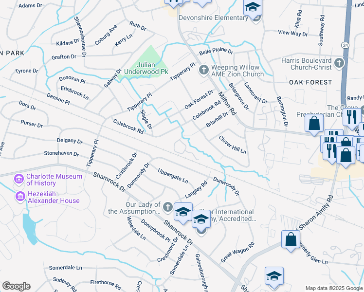 map of restaurants, bars, coffee shops, grocery stores, and more near 4050 Briarhill Drive in Charlotte