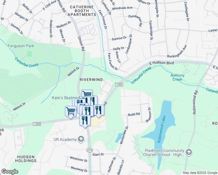 map of restaurants, bars, coffee shops, grocery stores, and more near 1232 East Hudson Boulevard in Gastonia