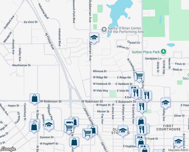 map of restaurants, bars, coffee shops, grocery stores, and more near 223 West Ridge Road in Norman