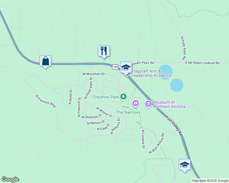 map of restaurants, bars, coffee shops, grocery stores, and more near 3107 W Sheila Dr in Flagstaff