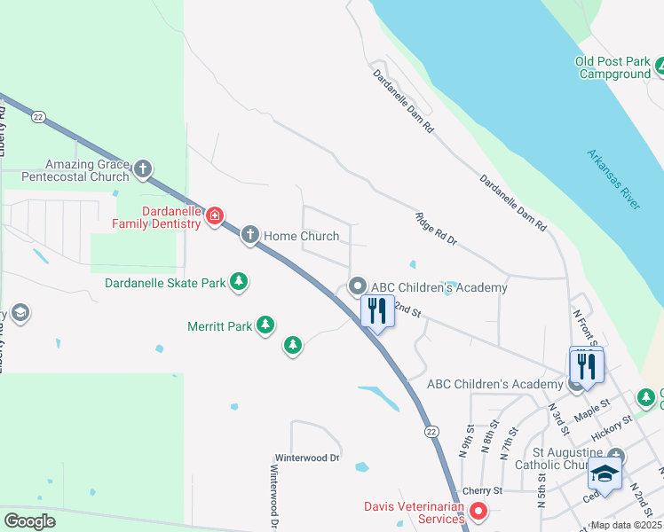 map of restaurants, bars, coffee shops, grocery stores, and more near 2105 Military Street in Dardanelle