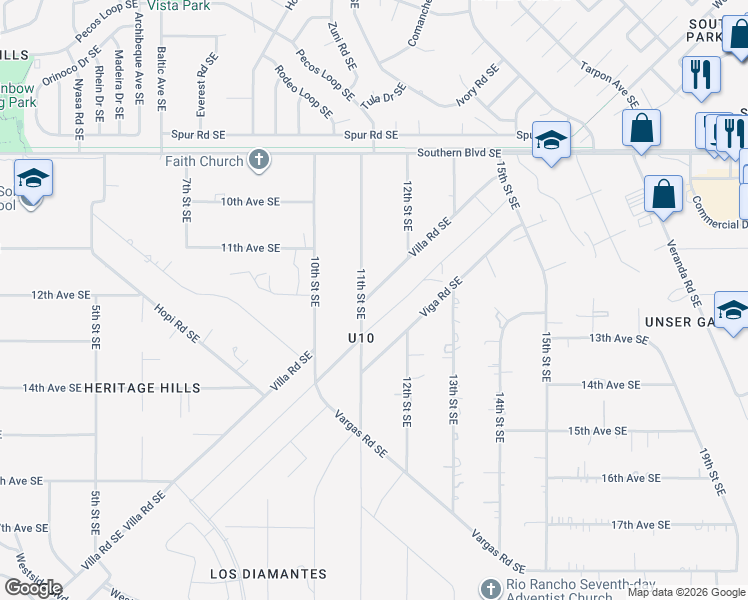 map of restaurants, bars, coffee shops, grocery stores, and more near 1106 Villa Road Southeast in Rio Rancho