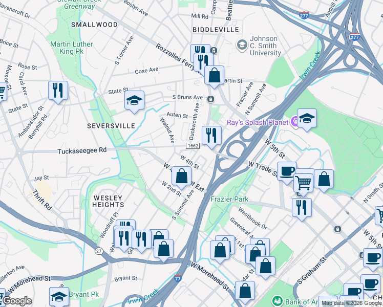 map of restaurants, bars, coffee shops, grocery stores, and more near 1525 Walnut View Drive in Charlotte