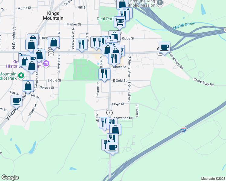 map of restaurants, bars, coffee shops, grocery stores, and more near 313 York Road in Kings Mountain