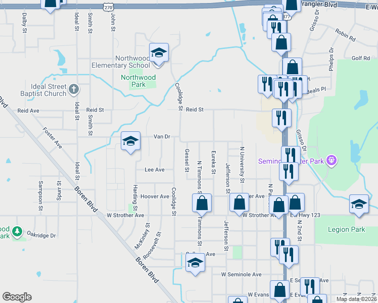 map of restaurants, bars, coffee shops, grocery stores, and more near 1322 Gessel Street in Seminole