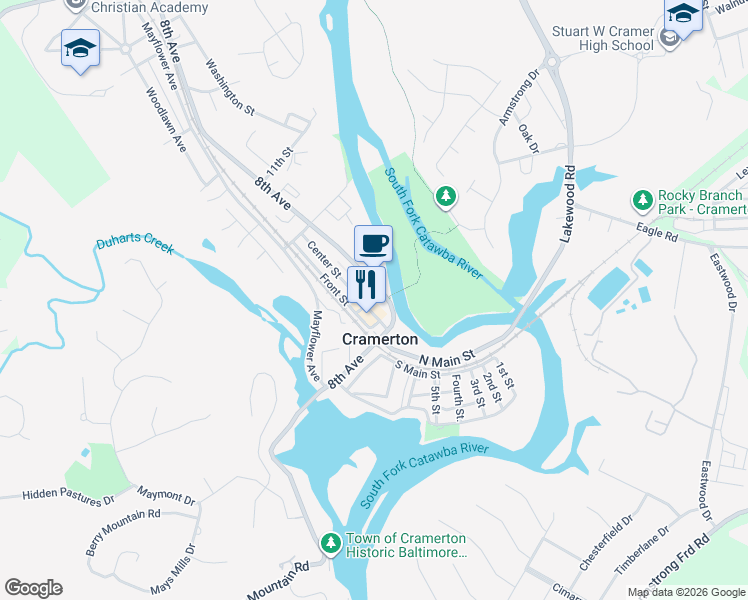 map of restaurants, bars, coffee shops, grocery stores, and more near 178 9th Street in Cramerton