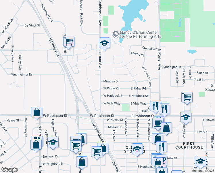 map of restaurants, bars, coffee shops, grocery stores, and more near 215 West Ridge Road in Norman