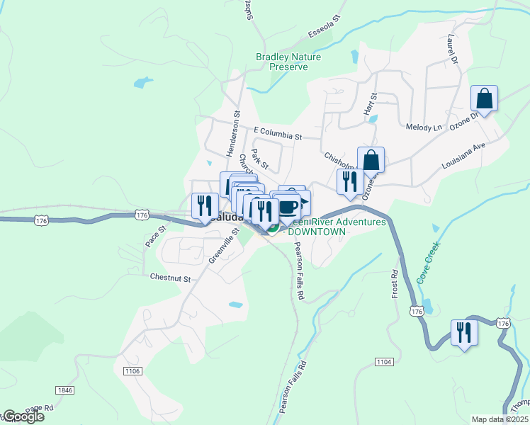 map of restaurants, bars, coffee shops, grocery stores, and more near Charles Street in Saluda