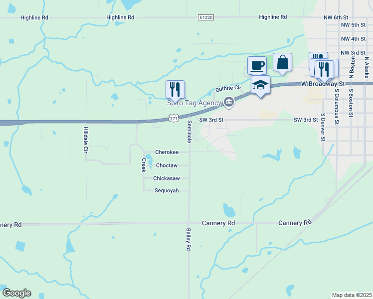 map of restaurants, bars, coffee shops, grocery stores, and more near 1101 Cherokee in Spiro