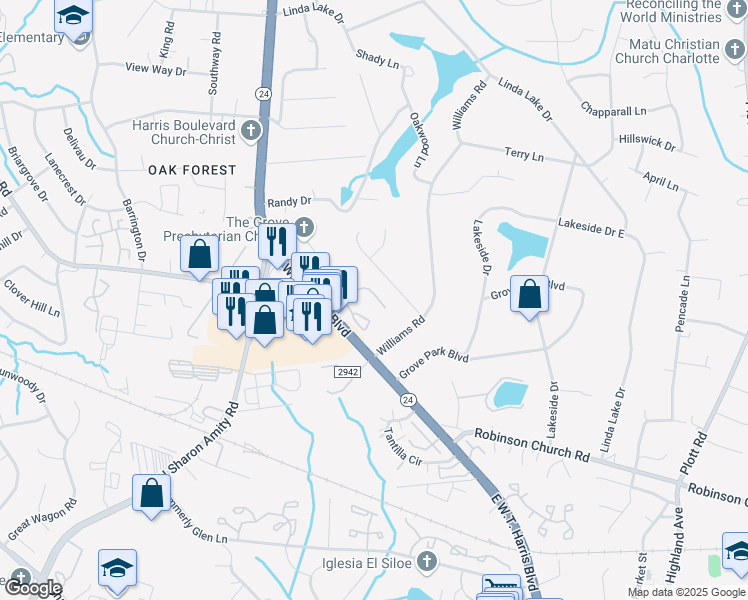 map of restaurants, bars, coffee shops, grocery stores, and more near 6250 Rosecroft Drive in Charlotte
