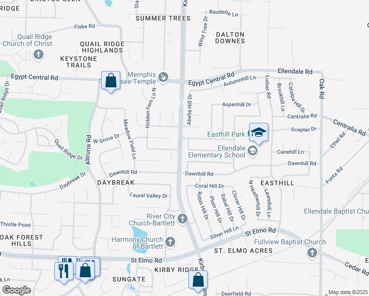 map of restaurants, bars, coffee shops, grocery stores, and more near 6787 Sprucehill Drive in Bartlett