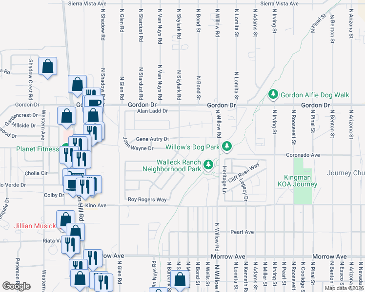 map of restaurants, bars, coffee shops, grocery stores, and more near 3914 Walleck Ranch Drive in Kingman