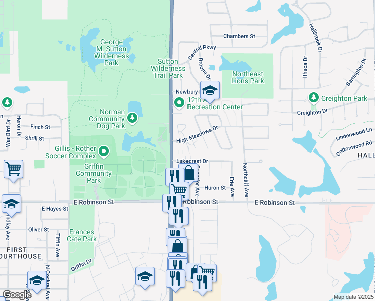 map of restaurants, bars, coffee shops, grocery stores, and more near 1300 High Meadows Drive in Norman
