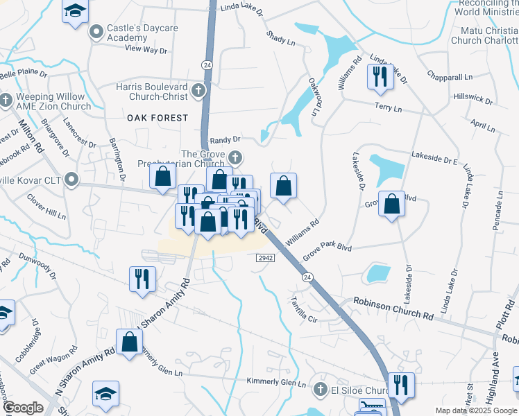 map of restaurants, bars, coffee shops, grocery stores, and more near 6150 Meadow Rose Lane in Charlotte