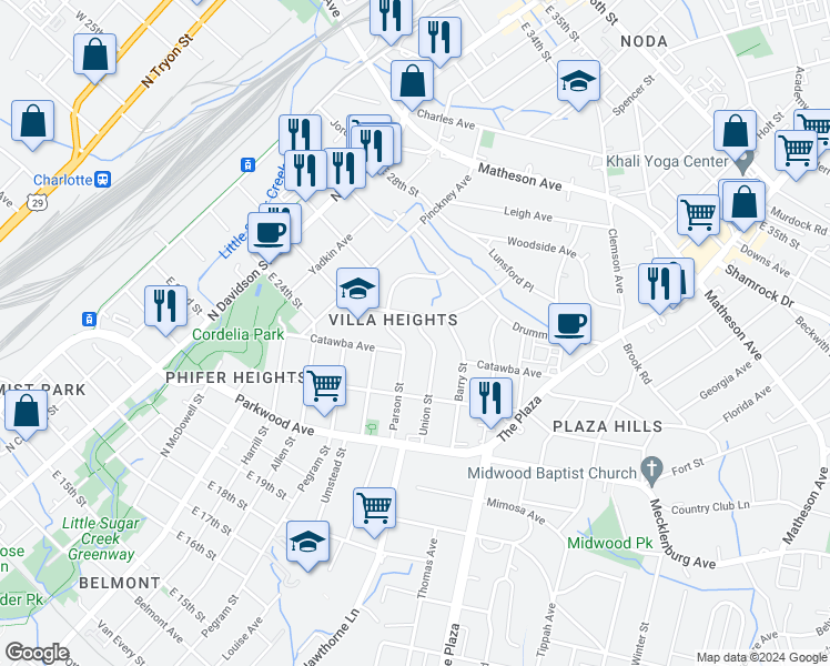 map of restaurants, bars, coffee shops, grocery stores, and more near 2027 Union Street in Charlotte