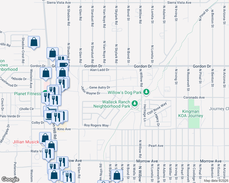 map of restaurants, bars, coffee shops, grocery stores, and more near 3905 Walleck Ranch Drive in Kingman