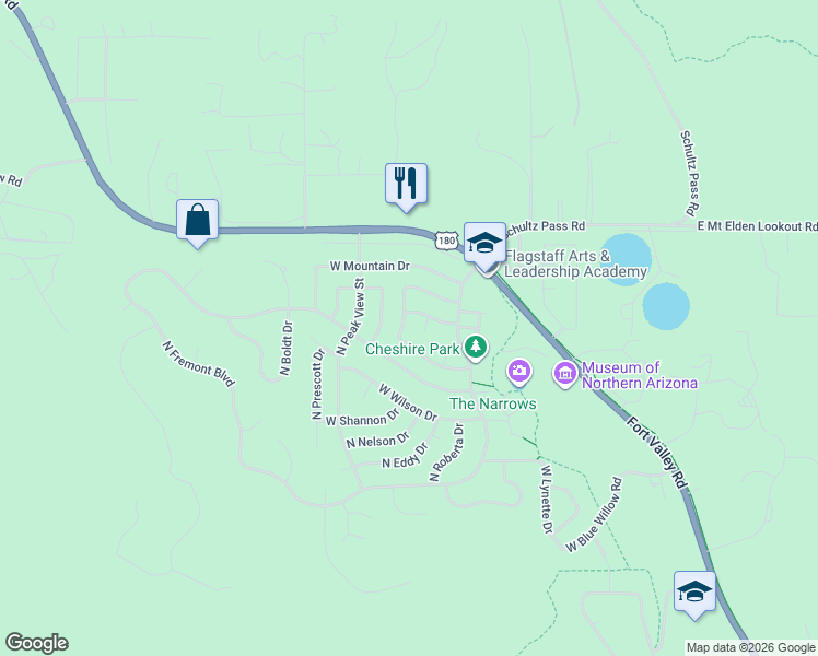 map of restaurants, bars, coffee shops, grocery stores, and more near 3110 West Brenda Loop in Flagstaff
