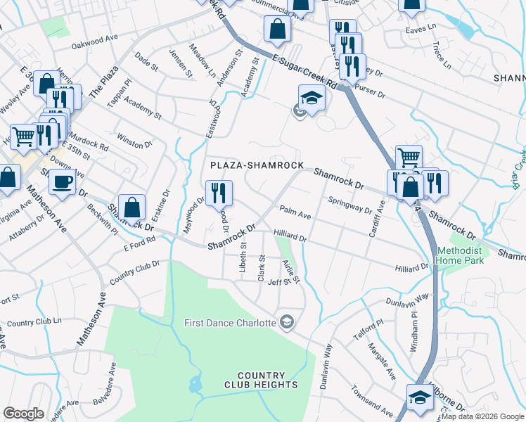 map of restaurants, bars, coffee shops, grocery stores, and more near 3416 Airlie Street in Charlotte