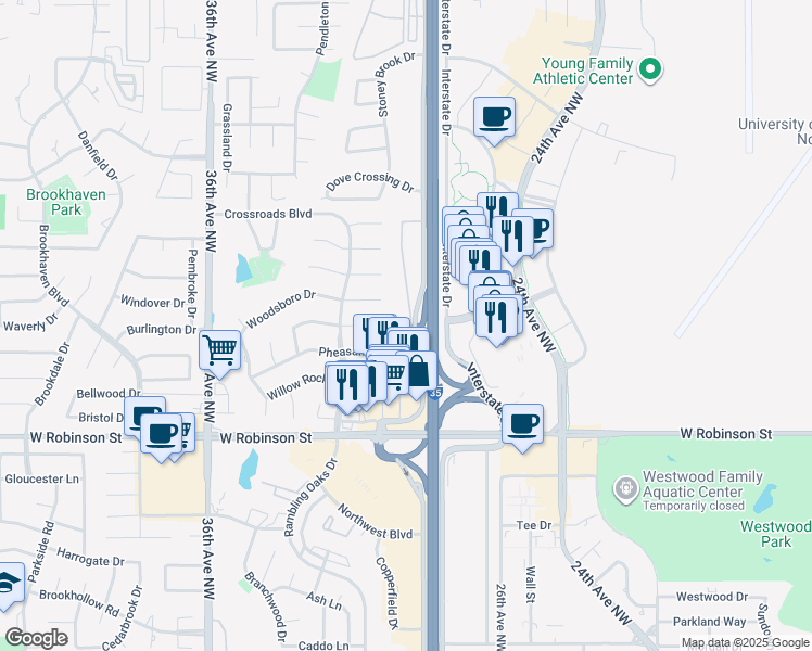 map of restaurants, bars, coffee shops, grocery stores, and more near 230 North Interstate Drive in Norman