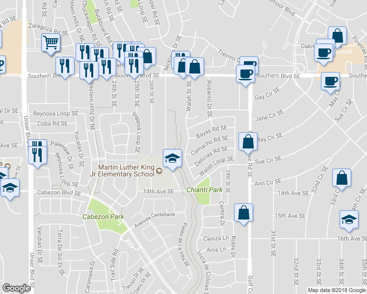 map of restaurants, bars, coffee shops, grocery stores, and more near 1247 Walsh Street Southeast in Rio Rancho