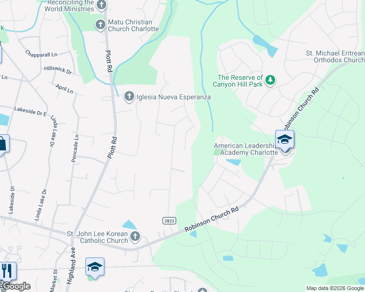 map of restaurants, bars, coffee shops, grocery stores, and more near 6915 Kentucky Derby Drive in Charlotte