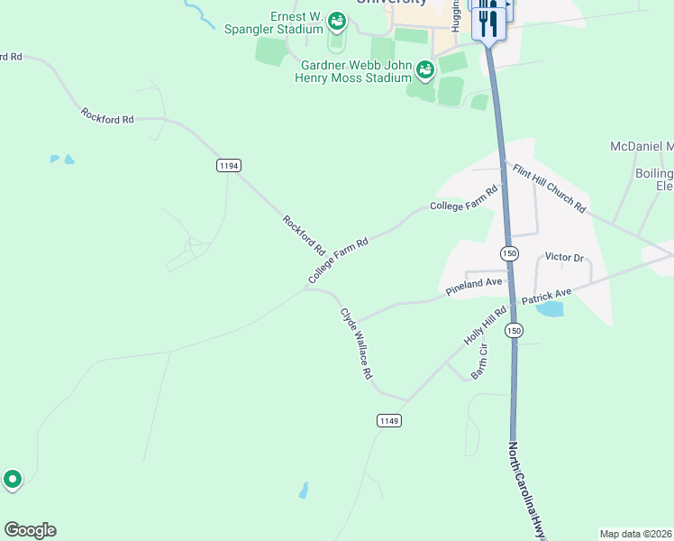 map of restaurants, bars, coffee shops, grocery stores, and more near 301 College Farm Road in Shelby