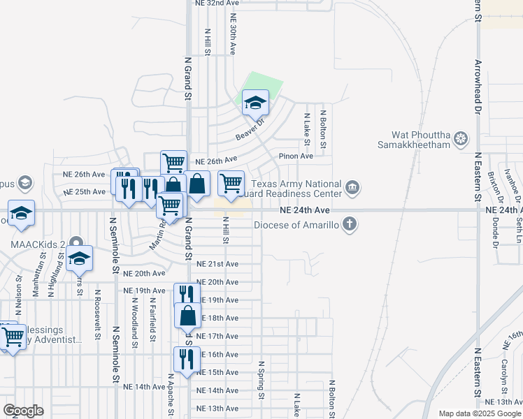 map of restaurants, bars, coffee shops, grocery stores, and more near 4001 Northeast 24th Avenue in Amarillo