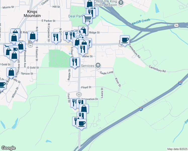 map of restaurants, bars, coffee shops, grocery stores, and more near 312 South Oriental Avenue in Kings Mountain