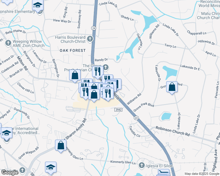 map of restaurants, bars, coffee shops, grocery stores, and more near 5831 East West T Harris Boulevard in Charlotte