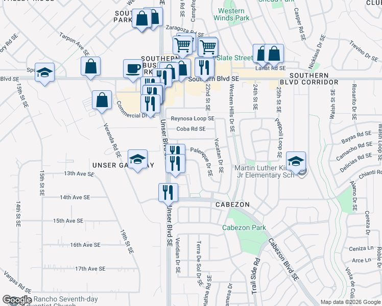 map of restaurants, bars, coffee shops, grocery stores, and more near 2108 Palenque Drive Southeast in Rio Rancho