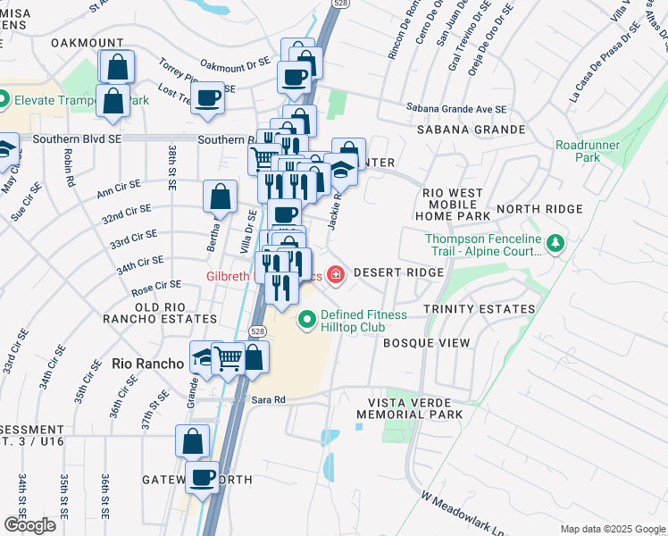 map of restaurants, bars, coffee shops, grocery stores, and more near 4100 Jackie Road Southeast in Rio Rancho