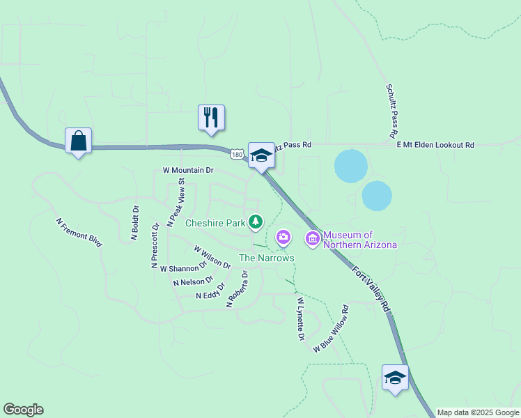 map of restaurants, bars, coffee shops, grocery stores, and more near 3100 North Joy Lane in Flagstaff