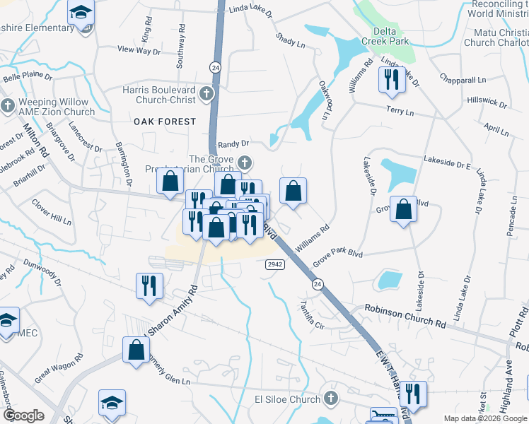 map of restaurants, bars, coffee shops, grocery stores, and more near in Charlotte