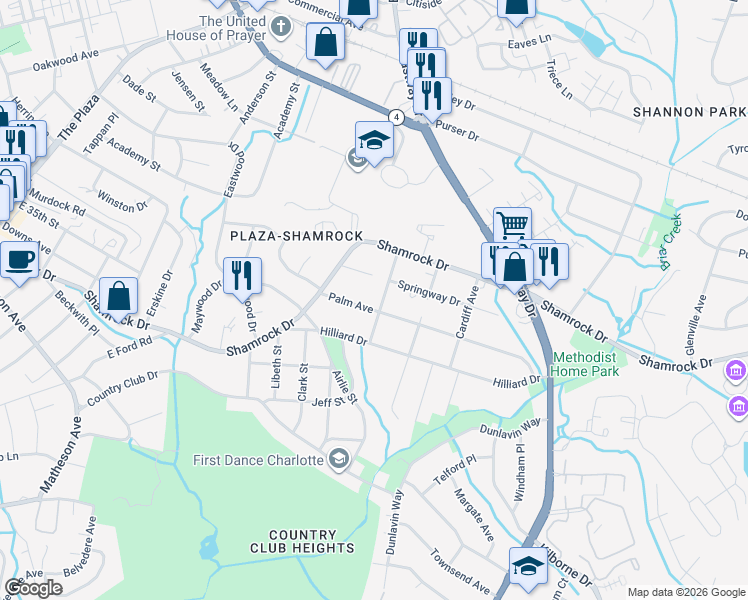 map of restaurants, bars, coffee shops, grocery stores, and more near 2641 Palm Avenue in Charlotte