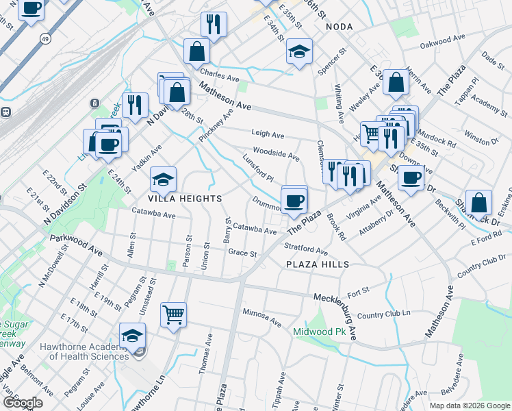 map of restaurants, bars, coffee shops, grocery stores, and more near in Charlotte
